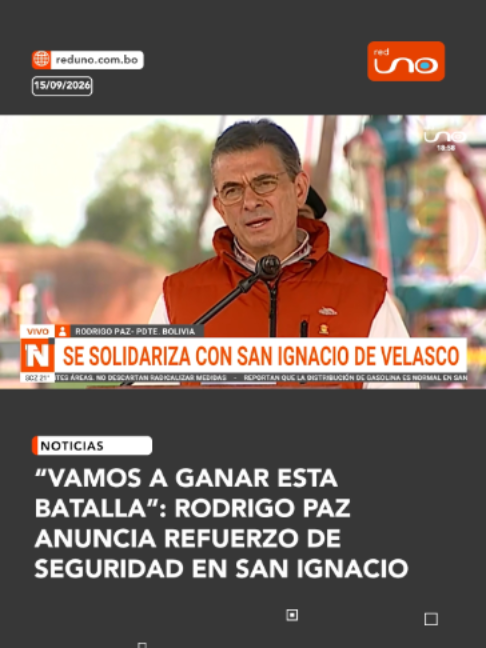 #SantaCruz | El Gobierno anunció un plan conjunto entre las Fuerzas Armadas, la Policía y la Gobernación de Santa Cruz para reforzar la seguridad en San Ignacio de Velasco, tras los recientes hechos de violencia. Rodrigo Paz expresó su solidaridad con la población y aseguró que el Estado continuará trabajando contra las organizaciones criminales. ▶️️Más información en: www.reduno.com.bo #RedUno #RedUnoDigital #Notivisión #Noticias #Viral #TikTok #Bolivia #Nacional
