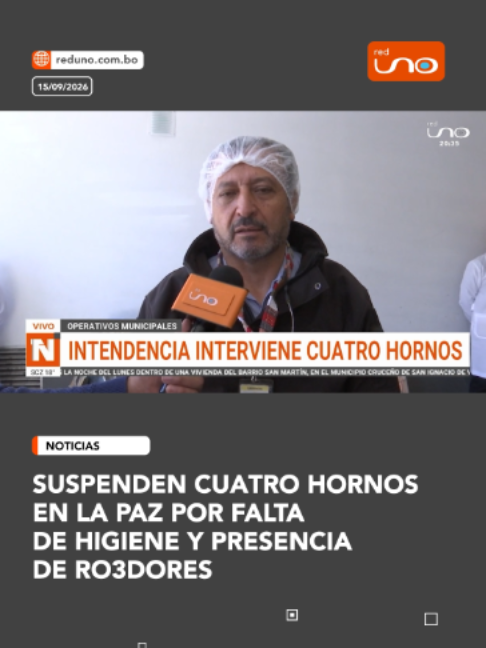 #NotivisiónLPZ |  La Intendencia Municipal realizó un operativo en seis hornos de Chasquipampa, Cota Cota y Bellavista, donde cuatro fueron suspendidos. Durante la inspección se encontraron roedores, utensilios en mal estado, además de harina y pan duro con heces de ratón. Los hornos deberán presentar un certificado de fumigación para volver a funcionar. ▶️ Más información en www.reduno.com.bo #RedUno #RedUnoDigital #Notivisión #LaPaz #ControlMunicipal #Hornos #SaludPública