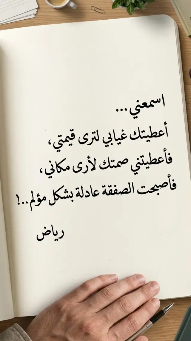 أعطيتك غيابي لترى قيمتي، فأعطيتني صمتك لأرى مكاني، فأصبحت الصفقة عادلة بشكل مؤلم..! #ايجابية #احساس #اقوال #مالي_خلق_احط_هاشتاقات #خواطر_للعقول_الراقية #خواطر_من_القلب #اقوال_وحكم_الحياة #حكم #حكمة_اليوم #حكمة #دعم #foryou #fyp #لايك #الشعب_الصيني_ماله_حل😂😂 #فراق #موسيقى #تصميم_فيديوهات🎶🎤🎬 #رسالة #خواطر 