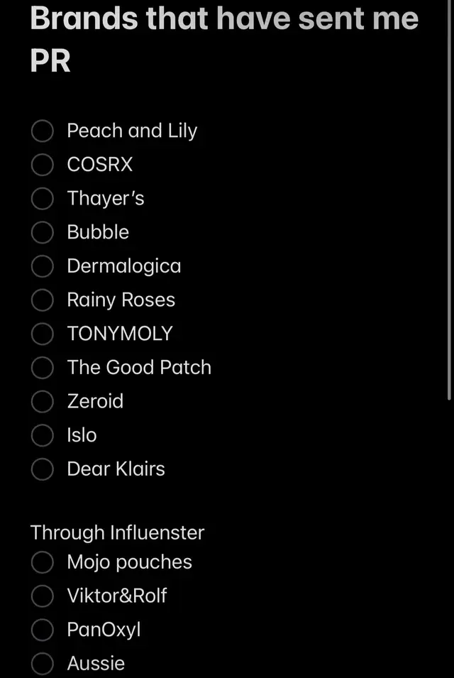 I love a good unboxing / PR haul video just as much as the next girlie, but sometimes it can get discouraging. I’m a small creator, and I’ve been trying to build my following and get more brand collabs or PR packages. So to fight that, I created this list of brands that have sent me PR or collaborated with me, and I was surprised at how long this list actually was! Some things I’ve received through Influenster, but a lot of these brands reached out to me personally. I am so grateful for each and every one of these brands, and I cannot wait to see what brands I’ll work with in the future! Let this be your sign to never give up, and count the small wins, sometimes they’re not as small as you think 💙💙 @Peach & Lily @LeAnn Regional Peach 🍑 @COSRX Official @Thayers #thayersambassador @Bubble Skincare @dermalogica @Rainy Roses @TONYMOLY USA @The Good Patch @ZEROID Global @dear, Klairs @influenster @Mojo Energy Pouches @Viktor&Rolf Fragrances @Aussie Hair USA @PanOxyl  #pr #grateful #freeproducts #gifted 