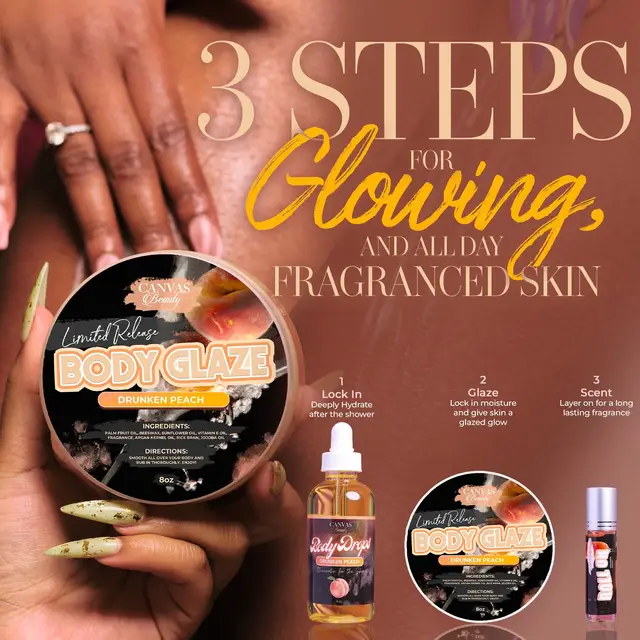 Sis trust me! This is the three step routine your skin has been NEEDING & Drunken Peach makes every step feel like a treat 🍑 Lock in your moisture as soon as you step out the shower with Body Drops, then go in with your Body Glaze, and finish it off with the Roll On so your scent goes everywhere you go! This is how all the CANVAS IT GIRLS do it 😝✨