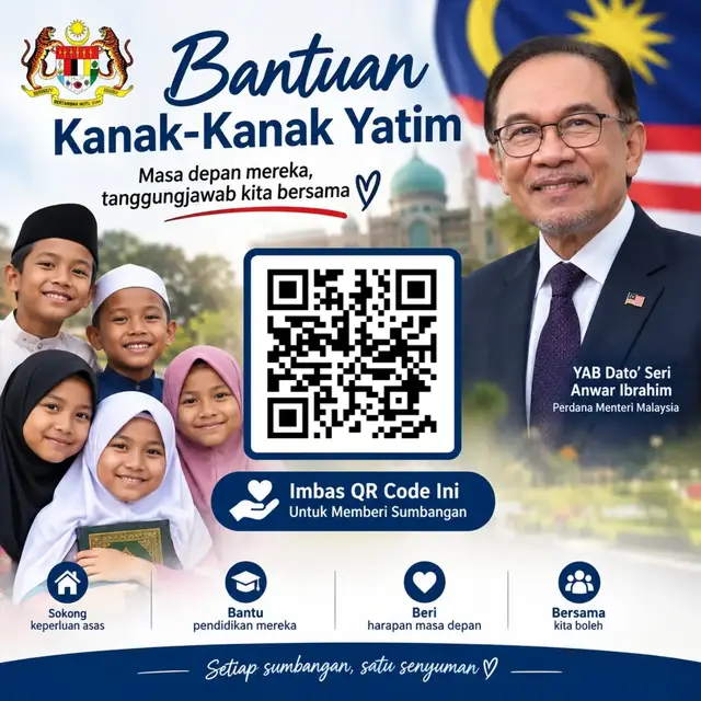 BANTUAN KANAK-KANAK YATIM Masa depan mereka, tanggungjawab kita bersama. ❤️ Setiap sumbangan membawa harapan. IMBAS QR CODE INI Untuk memberi sumbangan 🏠 Sokong keperluan asas 🎓 Bantu pendidikan mereka ❤️ Beri harapan masa depan 🤝 Bersama kita boleh Setiap sumbangan, satu senyuman.