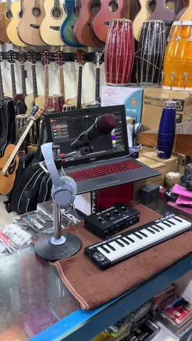 Home studio  setup1. Laptop  2. Audiointerface 3.microphone 4.midi keyboard 5. Microphone stand and 6 headphone #studio 
