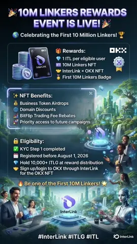 🚀 LES RÉCOMPENSES DES 10 MILLIONS DE LINKERS SONT LANCÉES ! 🎉 #InterLink #ITLG #ITL 🏆 Les Premiers 10M Linkers peuvent recevoir : 💎 1 ITL 🪪 NFT des 10M Linkers 🤝 NFT InterLink × OKX 🎖️ Badge des Premiers 10M ✅ Conditions d'éligibilité : 🔹 Vérification KYC Étape 1 validée 🔹 Inscrit avant le 1er août 2026 🔹 Détenir au moins 10 000 ITLG ⏰ Réclame avant : 📅 12 octobre 2026 – 23h59 UTC 🔥 Ne manque pas tes récompenses exclusives des Premiers 10M Linkers !