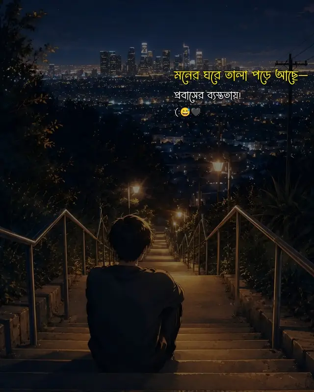 প্রবাসে এসে মনটাকে তালা পড়িয়েছি, দিনগুলো শুধু দৌড়ায়, থামার সময় পায় না। ব্যস্ততার ভিড়ে অনুভূতিগুলো চুপ হয়ে গেছে, কথা জমে থাকে, প্রিয় মানুষ থাকে দূরে। হাসিটা এখন অভ্যাস, খুশি হওয়াটা যেন বিলাসিতা। নিজের জন্য সময় খুঁজতে গিয়ে, নিজেকেই কোথায় হারিয়ে ফেলেছি। পরিবারের কথা মনে পড়ে, তবুও ব্যস্ততার অজুহাতে ফোনটা কলটা ছোট হয়ে যায়। কিছু স্বপ্ন রোজ কাজের পোশাকে বের হয়, ফিরে আসে ক্লান্ত চোখ নিয়ে। রাত নামলে শহরটা ঘুমায়, আর প্রবাসী মনটা বাড়ির পথে হাঁটে। এখানে রোজগার আছে, কিন্তু আপন মুহূর্তের বড় অভাব। তাই মনের দরজায় এখন তালা ঝুলিয়েছি, শুধু চাবিটা সময়ের কাছে আটকে আছে। একদিন ফিরব— সেদিন হয়তো মনটাও আবার নিজের হবে। 😅🖤#caption #statusvideo #trending #bdtiktokofficial #standwithkashmir 