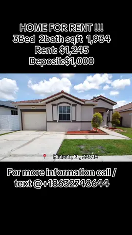 🚨🏠 LOOKING FOR A NEW HOME IN HIALEAH, FL? THIS COZY RENTAL MAY BE THE ONE! 🔑✨ 🏡 COZY LOVELY HOUSE FOR RENT 🏡 Ready for a fresh start in a comfortable home? This 3-bedroom, 2-bathroom rental offers approximately 1,934 SQ FT of space and is located in Hialeah, Florida! 🌴☀️ ✨ PROPERTY DETAILS ✨ 🛏️ 3 BEDROOMS 🛁 2 BATHROOMS 📐 1,934 SQ FT 💰 RENT: $1,245/MONTH 💵 DEPOSIT: $1,000 📍 8013 NW 198th St, Hialeah, FL 33015 Imagine having a spacious place to come home to, relax after a long day, and create new memories. 🏡❤️ Whether you’re searching for your next home or looking for a new place in the Hialeah area, send an inquiry for more information. 🔥 INTERESTED? DON’T WAIT TO REACH OUT! 🔥 📲 TEXT OR CALL: ☎️ +1 863-274-8644 💬 DM INSTRUCTIONS: If you’re genuinely interested, please send a message with your FULL NAME + PHONE NUMBER and state that you’re interested in the property. 📩 Please send ONLY messages of interest so your inquiry can be handled as quickly as possible. Someone will attend to you soon! 🙏🏠 ❤️ SAVE this post so you can find it again 📤 SHARE it with someone looking for a rental 📲 DM your name + phone number to inquire 🔑 Your next home could be closer than you think! 📍 HIALEAH, FLORIDA 🌴 🏠 3 BED | 2 BATH | 1,934 SQ FT 💰 $1,245 RENT | $1,000 DEPOSIT #Hialeah #HialeahFL #HialeahFlorida #Miami #MiamiFL                                   