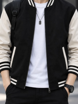 Varsity style memang bagi look muda & clean 🖤 Match dengan basic tee terus nampak sporty dan effortless. #varsityjacket #jaketlelaki #mensfashion #outfitlelaki #fypmalaysia