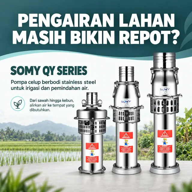 SOMY QY Series hadir dengan bodi stainless steel untuk mendukung irigasi, pengairan kebun, hingga pemindahan air kolam dan penampungan. #pompaair #pompa #tokopompaair #tsolumy #pompairigasi #irigasi #irigasisawah