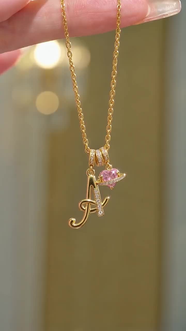 Greenish Spring Jewelry Gold Layered 3-Layering Initial A-Z Letter Pendant Necklaces for Women Snake Chain Choker Personalized Pink Heart CZ Capital Necklace Adjustable Party Jewelry for Back to school guadalupe style statement #Gift #Necklace #Freeshipping