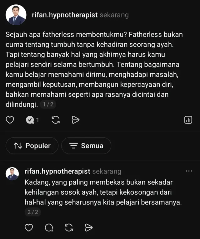 Fatherless bukan hanya tentang tumbuh tanpa sosok ayah. Tetapi tentang hal-hal yang akhirnya kamu pelajari sendiri selama bertumbuh. Tentang bagaimana kamu memahami kasih sayang. Bagaimana kamu melihat sosok laki-laki. Bagaimana kamu mencari validasi. Bagaimana kamu menghadapi penolakan, kehilangan, bahkan rasa tidak cukup. Terkadang, yang membentuk kita bukan hanya apa yang terjadi, tetapi juga apa yang tidak pernah kita dapatkan. #fatherlesschild #trauma #anxiety #innerchild #hipnoterapi 