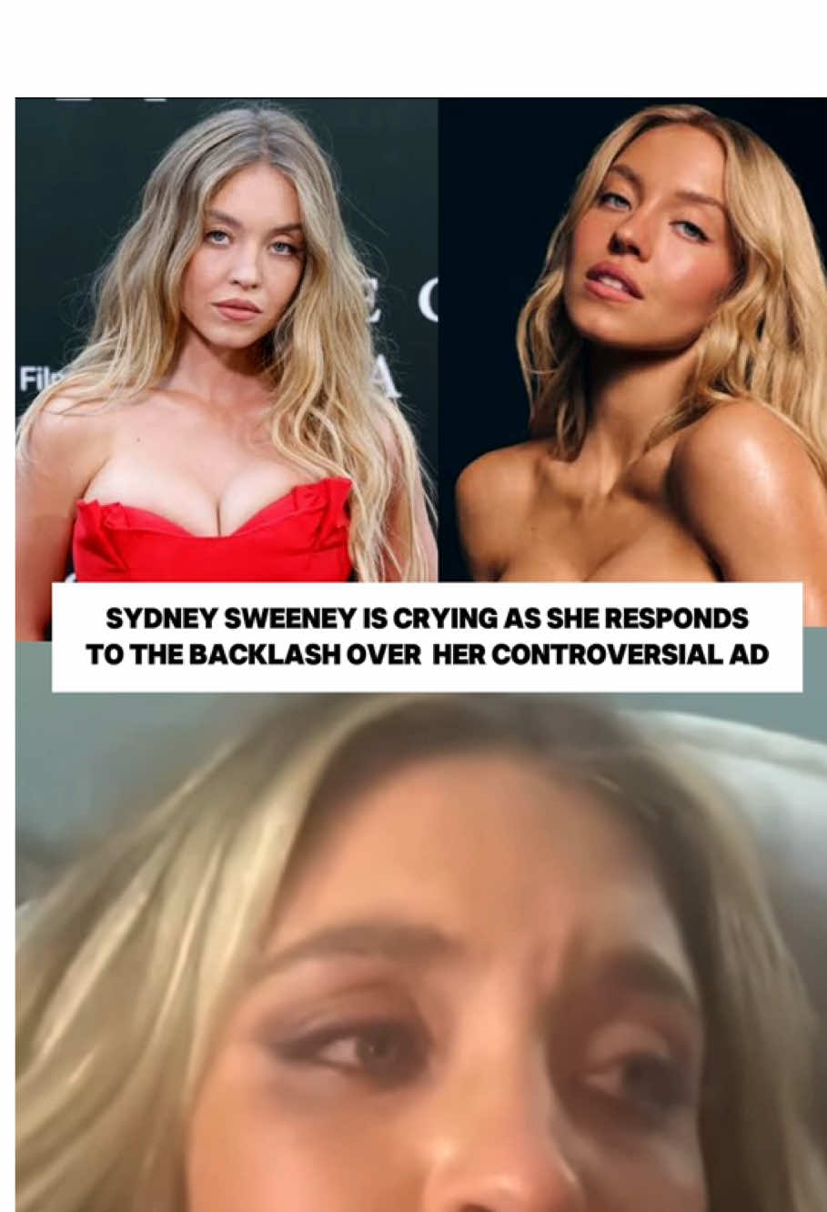 Sydney Sweeney is crying as she responds to the backlash over her controversial ad. #SydneySweeney #celebraty #news #popculture