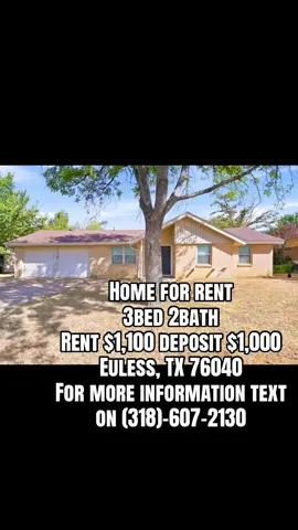 🏡 3 BEDROOM • 2 BATHROOM HOME FOR RENT IN EULESS, TX 🏡 Looking for a comfortable 3-bedroom, 2-bathroom home in Euless? This rental at 202 Jefflyn Ct, Euless, TX 76040 may be worth checking out! ✨ PROPERTY DETAILS: 🛏️ 3 Bedrooms 🛁 2 Bathrooms 💰 Rent: $1,100/month 🔐 Deposit: $1,000 📍 Euless, Texas 76040 Whether you’re looking for more space, relocating to the area, or simply searching for a home that fits your needs, this property offers a practical layout with three bedrooms and two bathrooms. 📩 Interested? Send me a message for more information about availability, viewing options, rental requirements, and the application process. ⚠️ Please verify all rental details, terms, and payment instructions before sending any money. Availability and terms may change. 🏠 202 Jefflyn Ct, Euless, TX 76040 #EulessTX #EulessTexas #EulessRentals #TexasRentals #DFWRentals                    