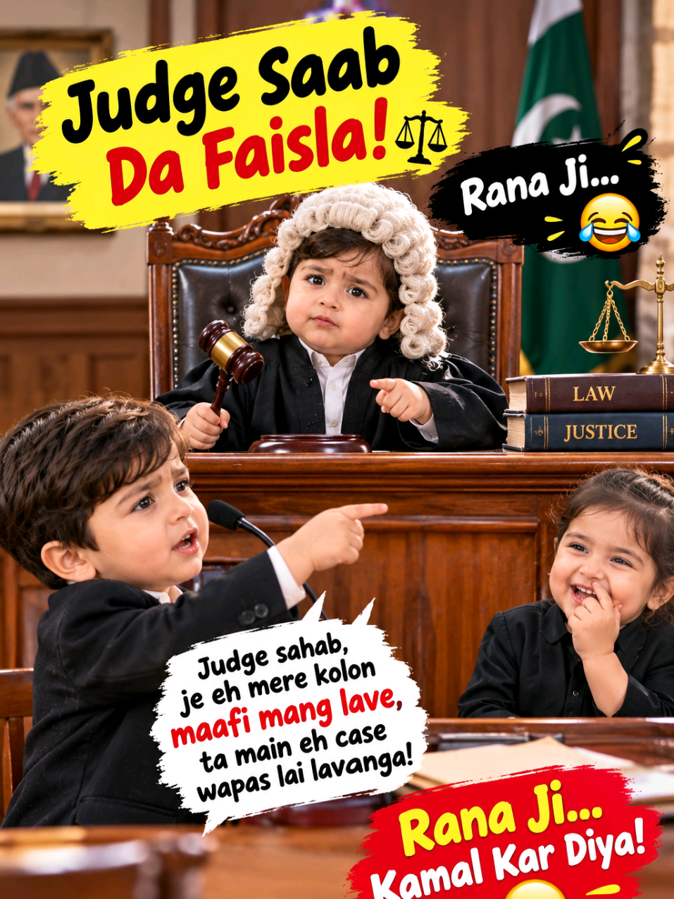 😂 Judge Saab ne court mein aisa faisla sunaaya ke bachay ki request sun ke sab hans hans ke lotpot ho gaye! 🤣⚖️ Pehle bachay ne kaha: “Judge sahab, je eh mere kolon maafi mang lave, taan main eh case wapas lai lavaanga.” 😂 Lekin Judge Saab ka “Rana Ji” wala punchline aaya… te asli comedy othe shuru hoi! 🤣🔥 Aap ke khayal mein Judge Saab ka faisla kaisa tha? 👇😂 #PakistaniComedy #PunjabiComedy #JudgeSaab #CourtroomComedy #ToddlerComedy 