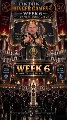 The TikTok Hunger Games Hosted by @Dubs_Fishing week 6 September 18 @ 9 :00 pm cst #tiktokhungergames  @Andrew 🛗 @🖤🧌Official_Allmoney_04🖤🧌 @Jazzy⚡️ @DND Dennis @trey🐣 @mar  @Lacedup222📍 @Zach Lewis @Moses 🌭 @Austin_UPS 🕺🏻💃 @WRVTHFUL @James 🥜 @exotic 2.0 𓃵🩵 @CratonsZootopia💛 @KevDev🥂 @Alyssa Fiore ☁️ @JayBorbonRD🌶️🎙️ @5  @Wyatt🩵 