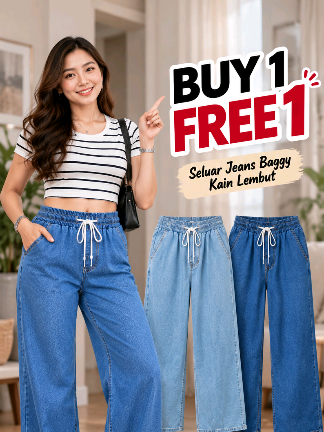 Kalau suka gaya denim yang santai tapi masih nampak kemas, potongan wide leg macam ni memang mudah dipadankan. Tambah pula tawaran Buy 1 Free 1, boleh tengok pilihan yang tersedia dan pilih ikut citarasa sendiri. #jeanswanita #jeanswideleg #jeansplussize #fashionwanita #outfitharian 