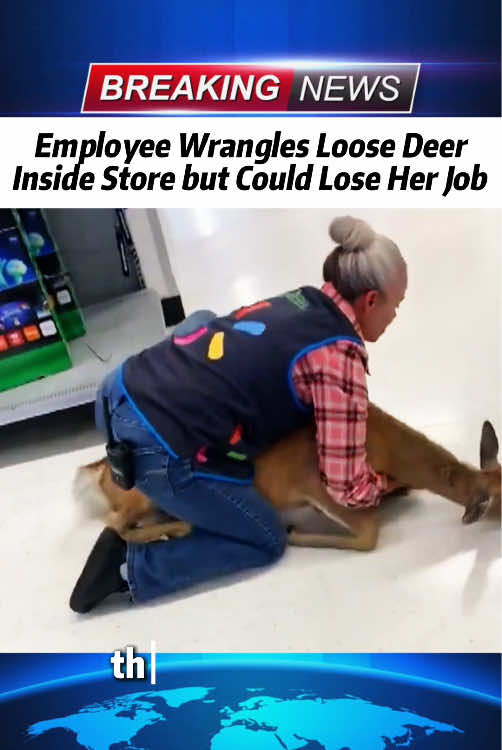 Employee wrangles loose deer inside store but could lose her job  #deer #job #tiktoknews #fyp #woman 