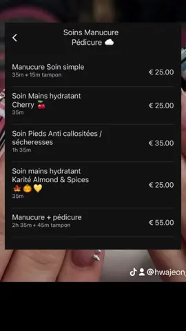 | Soins MAINS ET PIEDS HYDRATANTS ET ANTI CALLOSITÉS |  🧖🏻‍♀️🤍☁️ ☁️RÉSERVATIONS RENDEZ-VOUS ICI -> https://book.settime.io/hwajeonnails _ Tu recherches des soins cozy  et qui vont restaurer ta peau à nouveau ? Si oui -> les soins du salon @hwajeonnails_ sont à adopter ! ✔️☁️ - 🦶 Soin anti-callosités pieds Retrouvez des pieds doux et lisses grâce à ce soin ciblé anti-callosités. Il élimine les rugosités, adoucit la peau et laisse les pieds visiblement plus souples et confortables. 🍒 Soin hydratant mains – Cerise Un moment de douceur pour vos mains avec une crème hydratante et une huile cuticules délicatement parfumées à la cerise. Vos mains sont nourries, douces et subtilement parfumées. 🎃 Soin hydratant mains – Pumpkin Spice Offrez à vos mains un instant cocooning avec une crème hydratante au karité et une huile cuticules parfumée Pumpkin Spice. Un soin réconfortant pour des mains nourries, douces et délicatement parfumées. . #nailinspo #nailarttutorial #prt #bordeaux #fypppppppppppppppppppppppp 