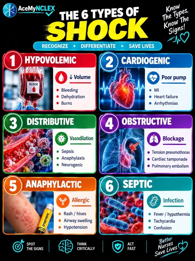 Shock types NCLEX: hypovolemic, cardiogenic, distributive (septic, anaphylactic, neurogenic), obstructive. Know causes, signs, and priority interventions! #NCLEXReview #Shock #CriticalCareNursing #NursingStudents #NCLEXPrep