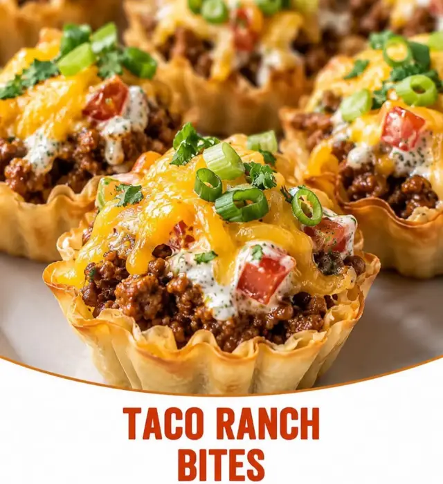🌮🧀 Taco Ranch Bites — Crispy Mini Phyllo Cups Loaded With Seasoned Beef, Creamy Ranch, Tomatoes & Plenty of Melted Cheddar! ✨🤎 INGREDIENTS 1 lb lean ground beef 1 packet (1 oz) taco seasoning 1 can (10 oz) diced tomatoes with green chiles, undrained 2 cups shredded cheddar cheese 1 bottle (8 oz) ranch dressing 5 packages frozen mini phyllo tart shells, 15 shells each Optional for Serving: Sliced green onions Fresh chopped cilantro Diced tomatoes Extra ranch dressing METHOD 1️⃣ Prepare the oven: Preheat the oven to 350°F (175°C). Arrange the frozen mini phyllo shells on large baking sheets. 2️⃣ Brown the beef: Cook the ground beef in a large skillet over medium-high heat for about 5–7 minutes, breaking it into small crumbles. 3️⃣ Drain off any excess grease. 4️⃣ Season: Add the taco seasoning and the undrained diced tomatoes with green chiles. 5️⃣ Stir well and simmer for about 5 minutes, until the mixture thickens slightly. 6️⃣ Remove the skillet from the heat and let the beef mixture cool for a few minutes. 7️⃣ Make the filling: In a large bowl, combine the shredded cheddar and ranch dressing. 8️⃣ Add the seasoned beef mixture and stir until everything is evenly combined. 9️⃣ Fill the shells: Spoon a heaping teaspoon of the taco-ranch filling into each frozen phyllo shell. 🔟 Bake: Bake for 8–10 minutes, until the filling is hot, the cheese is melted, and the pastry edges are golden and crisp. 1️⃣1️⃣ Let the bites cool for 2–3 minutes before serving. 🌿 SERVE: Top with sliced green onions, cilantro, diced tomatoes, or a small drizzle of extra ranch if desired. Serve warm for the crispiest shells. #taco #beefbites #homemade #EasyRecipe 