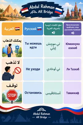 🇪🇬🤝🇷🇺 عبارات يومية بالعربية والروسية | Повседневные фразы на арабском и русском 🇪🇬 العربية: يمكنك الذهاب لا تذهب توقف 🇷🇺 По-русски: Ты можешь идти Не уходи Остановись احفظ العبارات وتعلّم استخدامها في محادثاتك اليومية 🗣️✨ Сохраняйте эти фразы и учите арабский и русский вместе! 🇪🇬🇷🇺 Abdul Rahman AR Bridge 🇪🇬🇷🇺  #learnontiktok #اللغة_العربية #عبارات #фразы #русскийязык 