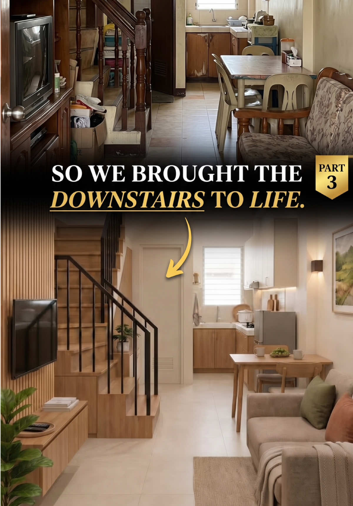 3 of you said yes to the downstairs tour, so here we are! 👋✨ From clutter and old finishes to an open-concept living room and modern kitchen, the ground floor is officially transformed.   What’s your favorite detail of this downstairs glow-up? Drop a comment below! 👇 Should we tackle the upstairs bedroom next for Part 4? 🚪🛏️ #HouseMakeover #HomeRenovation #BeforeAndAfter #InteriorDesign #RowhouseTransformation