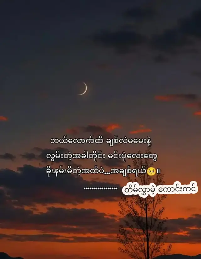 တကယ်တော့  ငါမင်းကို အရမ်းလွမ်းတယ်  ဒါပေမဲ့လည်း  အဲ့ဒီလွမ်းတဲ့စိတ်ကို  မင်းဆီ သွားပြလို့မှ မရတော့တာ  ငါ့မှာ လုပ်နိုင်တာဆိုလို့  ဖုန်းမျက်နှာပြင်ပေါ်က  မင်းပုံလေးတွေကို  ဒီအတိုင်း ငေးကြည့်နေရုံပဲ ရှိတယ်  ကြည့်ရင်းနဲ့ မထိန်းနိုင်တော့တဲ့အခါ  ခိုးခိုးနမ်းမိတယ်။ မင်းကတော့  ငါ့နေရာမှာ မ‌နေဖူးတော့  ငါဘယ်လောက်ထိ ခံစားနေရလဲ  သိမှာမဟုတ်ပါဘူး  မင်း မရှိတော့တဲ့ နေ့တွေမှာ  ငါ အဆင်ပြေအောင် ကြိုးစားနေပါတယ်ဆိုမှ  ခေါင်းထဲ မင်းအကြောင်း ပေါ်လာရင်  အကုန်ပြိုလဲကုန်တော့တာပါပဲ..အချစ်ရယ်😭😭😭😭😭😭😭😭😭😭😭😭😭😭😭😭😭😭😭😭😭😭😭😭😭