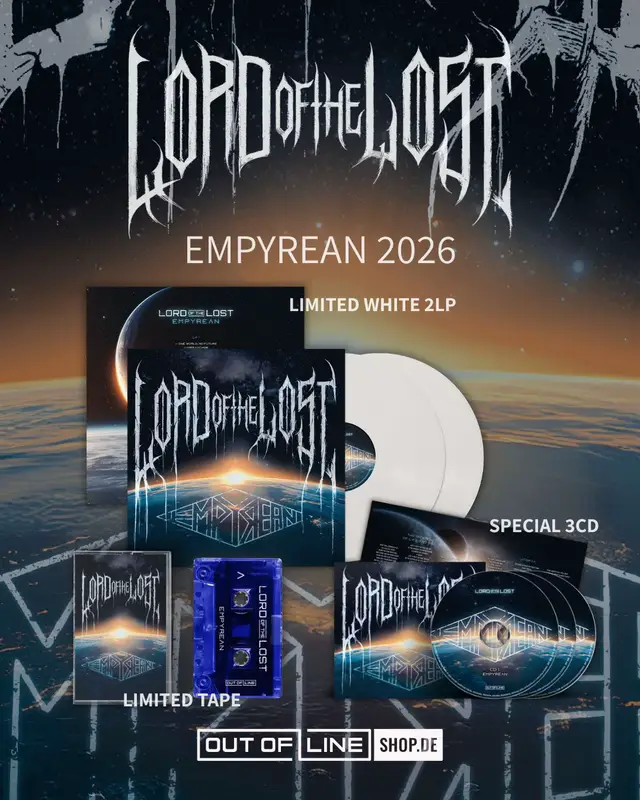 Out Now 💥 LORD OF THE LOST - EMPYREAN 2026 ANNIVERSARY EDITION  Now available on Limited White Vinyl, Limited Blue Transparent MC Cassette & as a special 3CD edition including alt-versions, rarities, a never released track, and special headphone-3D mixes. Get yours at www.outoflineshop.de www.outoflineshop.us When Lord Of The Lost first released „EMPYREAN“ in 2016, the band built a dystopian Future-Metal concept album of epic scale: a science-fiction odyssey about a species centuries deep into self-destruction, chasing the promise of „EMPYREAN,“ a perfect world that might just be a final illusion. Gothic and Metal, Glam, Electro, Prog and Industrial collide into one towering sound, anchored by a dominant electronic foundation and lifted by glam-era choruses that crash straight into industrial-grade aggression, with hooks sharp enough to survive the wreckage.