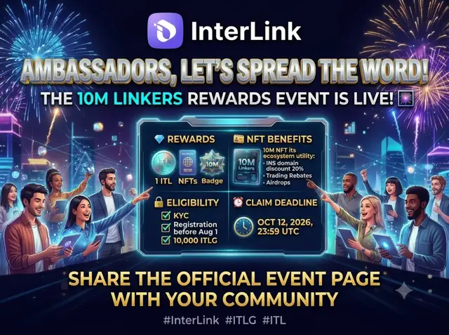 📢 Ambassadors, let's spread the word! The 10M Linkers Rewards Event is LIVE. 🎆 Help eligible Linkers understand: 💎 Rewards 🪪 NFT benefits 🔐 Eligibility ⏰ Claim deadline Share the official event page with your community. #InterLink #ITLG #ITL