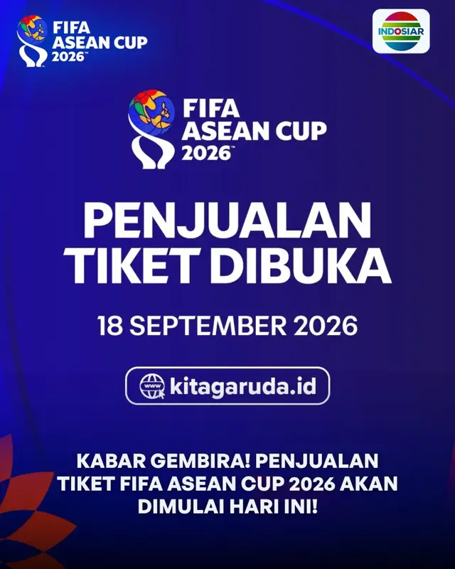 Tiket FIFA ASEAN Cup 2026 resmi mulai dijual hari ini! 🔥 Jangan lewatkan keseruan FIFA ASEAN Cup 2026 dan rasakan langsung atmosfer pertandingan dari dalam stadion. FIFA ASEAN Cup 2026 akan digelar di Stadion Si Jalak Harupat dan Stadion Utama Gelora Bung Karno. 🤩 🎟️ Segera amankan tiketnya di kitagaruda.id/ticket  Saatnya dukung dan saksikan perjuangan Garuda di FIFA ASEAN Cup 2026! Jangan lewatkan setiap aksi dan momen penting Timnas Indonesia. Bersama-sama kita kawal perjuangan Garuda menuju kemenangan! 🇮🇩 🏆 📺 LIVE di Indosiar, SCTV & Vidio! #IndosiarSports #NewsIndosiarSports #IndosiarRumahSepakbolaIndonesia #INDOSIARFIFAASEANCUP2026 #EMTEKFIFAASEANCUP2026 