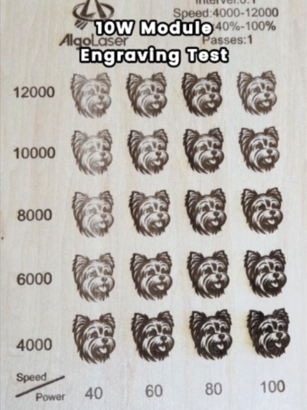 What happens when you change the speed and power? 👀🔥 Same wood. Same design. Different laser settings. We tested 4000–12000 speed and 40%–100% power with a 10W module — and the difference is easy to see. Lower speed + higher power = deeper engraving marks. Have you try this setting by yourself? #AlgoLaser #LaserEngraving #LaserSettings #LaserTest #LaserTok #LaserTips #DIYProjects #Maker