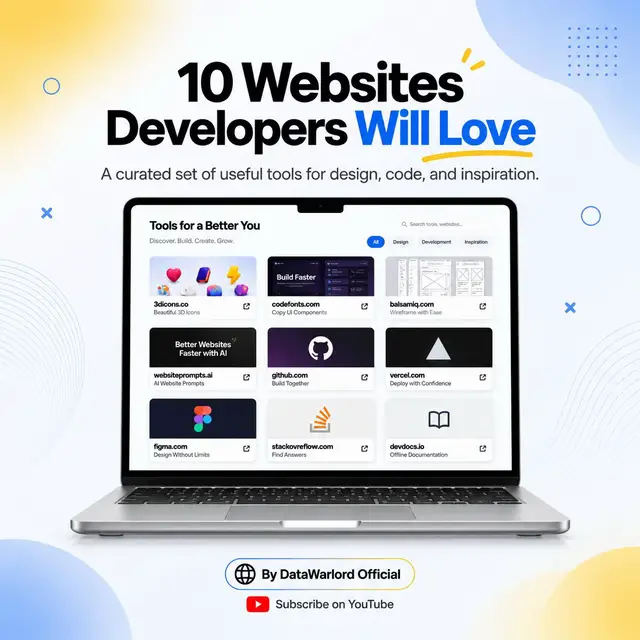 GitHub — code, collaboration & open source 🌐 Stack Overflow — find answers to coding problems 🧠 MDN Web Docs — trusted web development documentation 📚 freeCodeCamp — learn programming for free 🎓 Dev.to — developer community & technical content 💬 Can I Use — check browser support for web features 🌍 Roadmap.sh — developer roadmaps & learning paths 🗺️ npm — discover JavaScript packages 📦 CodePen — experiment with HTML, CSS & JavaScript 🎨 Excalidraw — create quick diagrams for ideas & systems ✏️ Save this list — your future developer self will thank you. 🚀 10 useful websites for developers including GitHub, Stack Overflow, MDN, freeCodeCamp, Dev.to, Can I Use, Roadmap.sh, npm, CodePen, and Excalidraw. #WebDevelopment #Programming #DeveloperTools #Coding #DataWarLord