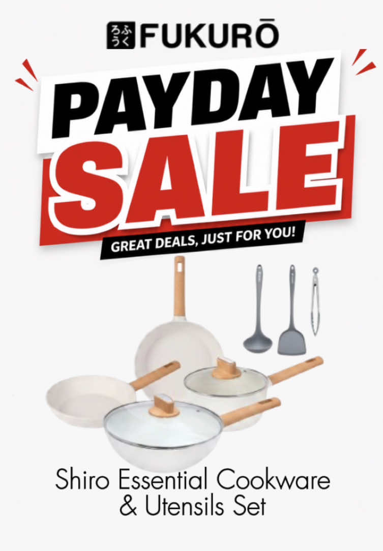 Masa untuk lengkapkan dapur! 🍳✨ Dapatkan Fukuro Shiro Essential Cookware & Utensils Set (9-Pcs) dengan harga hanya RM299 sempena Payday Sale. Dalam satu set, korang dapat 2 Fry Pan, 1 Wok Pan, 1 Saucepan dan 3 peralatan dapur — lengkap untuk kegunaan memasak setiap hari. Sempena live, nikmati sehingga 50% off dan voucher terhad sehingga 25% off! 📅 23–27hb — Jangan lepaskan Payday Sale ni!  #FukuroMalaysia #ExceptionalQuality #WorldClassKitchenware 