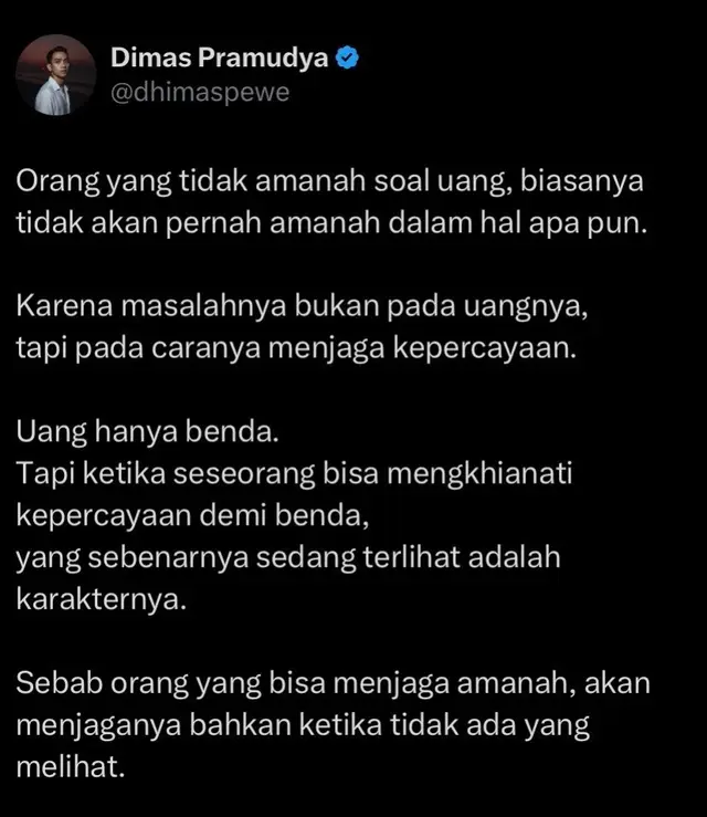 Uang bisa dicari lagi. Tapi ketika kepercayaan sudah hilang, nilainya jauh lebih mahal untuk dikembalikan. #amanah #kepercayaan #karakter #kehidupan #katakata