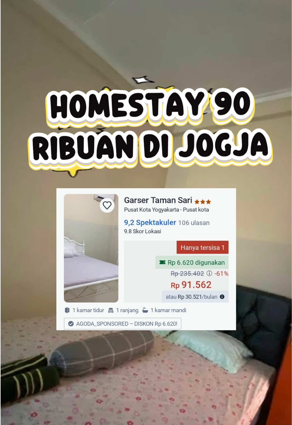 Rekomendasi Homestay Murah di Jogja, Garser Taman Sari Homestay, cocok untuk Staycation budget, kamarnya bersih, lokasinya mudah kemana-mana dekat ke Taman Sari, Alun-Alun Kidul Jogja, Untuk booking dengan harga promo klik tag lokasi. Untuk cara bookingnya mudah 🤙🏻klik tag lokasi 🤙🏻pilih tanggal nya 🤙🏻pilih tipe room nya 🤙🏻lakukan pembayaran 🤙🏻tinggal Chekin dehh🥰🥰 ✅yuk di booking dari sekarang ya ( promo dan harga tiap tanggalnya berbeda ) #hoteljogja #hotelmurahjogja #hotelmalioboro 
