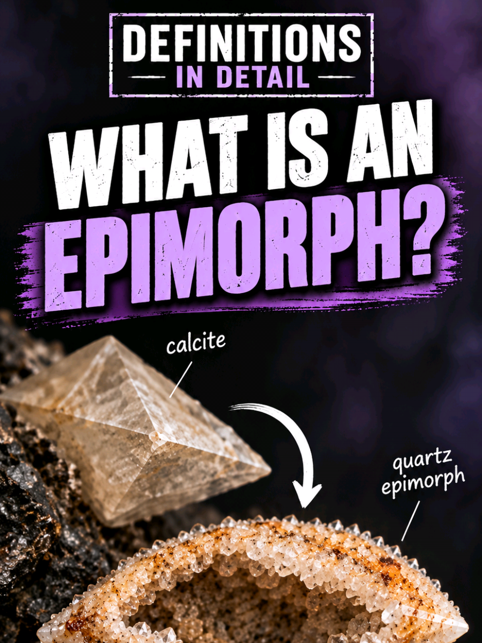 WHAT IS AN EPIMORPH? 💎 This specimen is quartz. Except the shape you’re looking at… isn’t really quartz-shaped at all. It’s quartz after calcite, and it preserves the geometry of calcite crystals that are no longer there. In this episode, I break down how that can happen. First, calcite grows. Then a later silica-rich fluid coats those crystals in tiny quartz crystals. Then the chemistry changes again, the calcite becomes unstable and dissolves away… while the quartz coating survives. What remains is a hollow shell preserving the shape of the vanished mineral. That is an epimorph. It also gives us a nice reminder that crystal shape can occasionally be deceptive. The chemistry belongs to quartz, the morphology belongs to calcite, and the empty space in the middle records the mineral that used to be there. Mineralogy is basically geology keeping receipts. #Mineralogy #Epimorph #Quartz #Calcite #DefinitionsInDetail