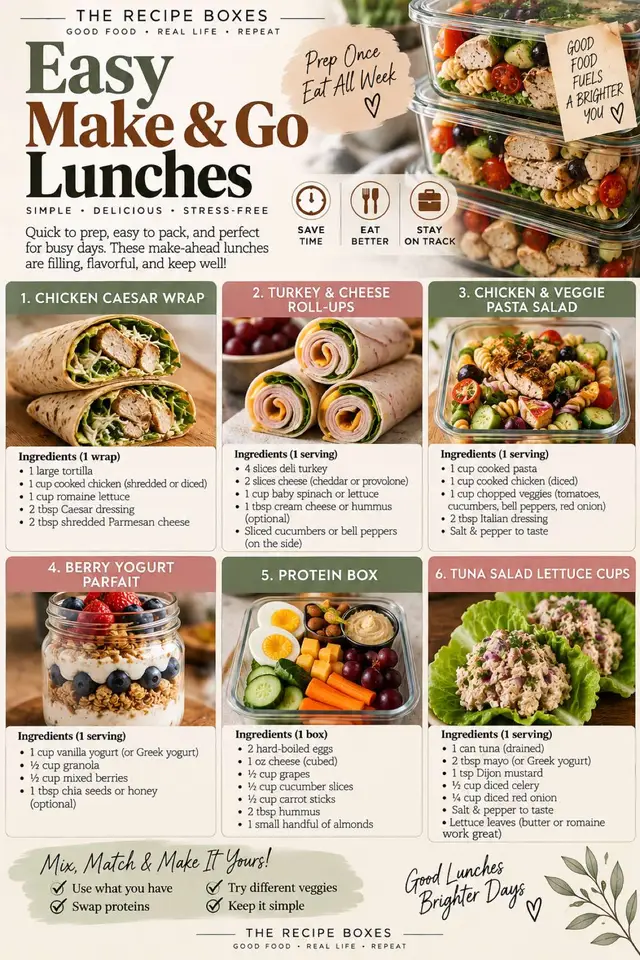 If you’re rushing out the door, packing lunches for the kids, or just tired of figuring out what to eat every single day — save this one! 6 easy make-ahead ideas to prep once and grab when you’re hungry: 🌯 Chicken Caesar Wrap 🧀 Turkey & Cheese Roll-Ups 🍝 Chicken & Veggie Pasta Salad 🫐 Berry Yogurt Parfait 🥚 Protein Box 🥗 Tuna Salad Lettuce Cups Mix, match, swap ingredients, and use what you already have. Less lunch stress = more time for everything else. 🤎 #TheRecipeBoxes #EasyLunch #LunchIdeas #MakeAheadMeals #MealPrepIdeas    