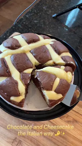 Chocolate and cheesecake—two favorites, one incredible Italian cake! 🇮🇹🍰 I’m sharing this recipe entirely in Italian today because some traditions just sound better that way. It’s rich, creamy, and perfect for your next Sunday dinner. Save this one for your recipe book! 👌✨ Ingredients - 3 eggs  150g sugar  50g cocoa powder  1 tbsp Paneangeli Lievito per dolci or 1 tbsp baking powder and a splash of vanilla  100ml milk  100ml of oil(I used vegetable) 250g flour  Cheesecake part-  1 1/2 blocks of Philadelphia cream cheese  100g powdered sugar  1 egg  25g corn starch  Bake at 350degrees for 35-40 minutes #cheesecake #chocolatecake #italiandessert #italiancooking #baking 
