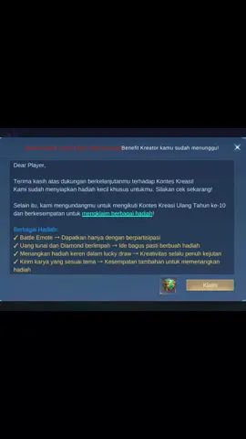 cek inbox sekarang dapat 1000 diamond gratis, Kalean dapat apa guys dari even ultah mlbb yg ke 10th .. #MLBBCreator #MLBB10TH #ALLINMLBB #viral #fyp 