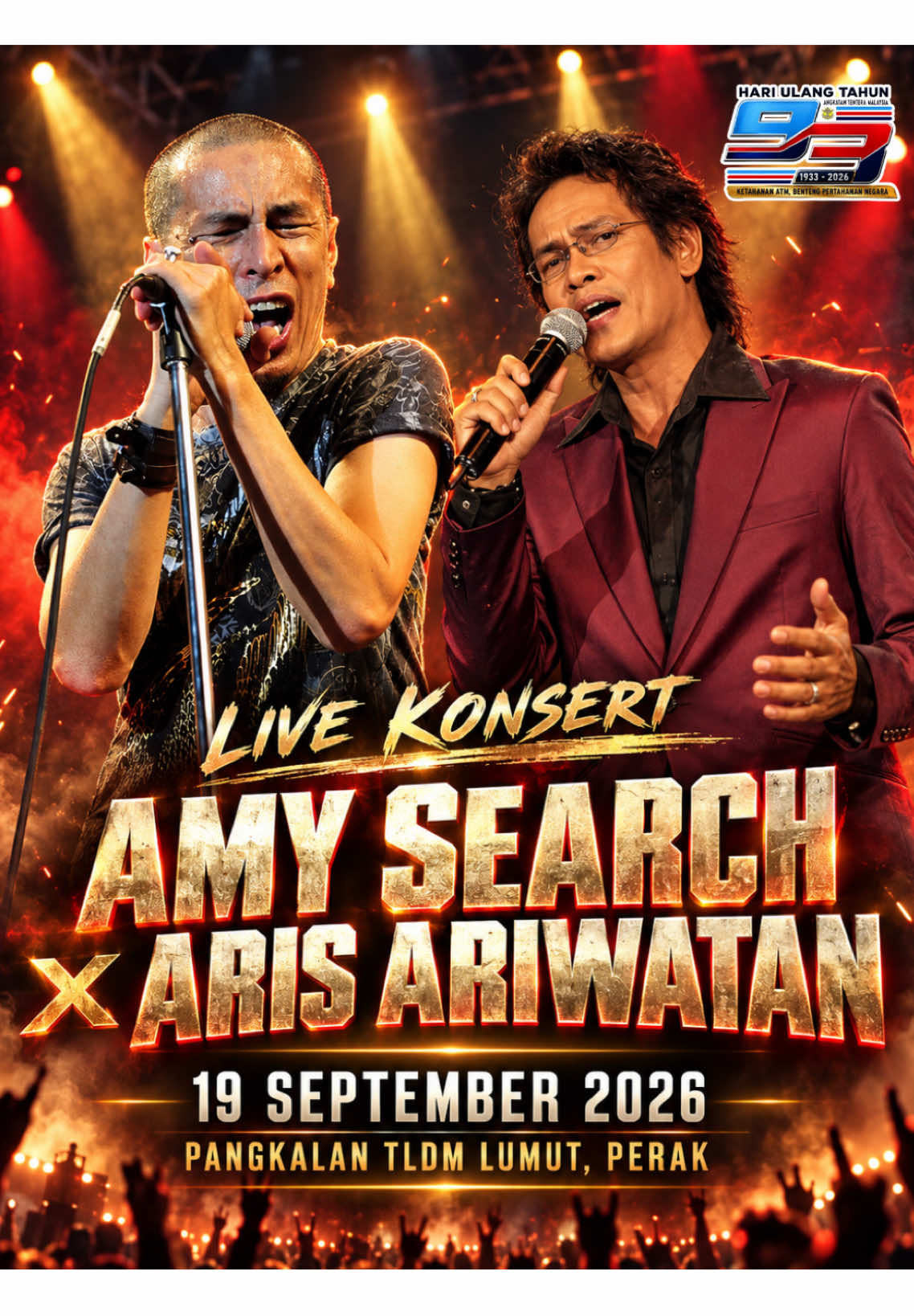 PLOT TWIST UNTUK GENG ROCK! 🤯🔥  Ingatkan Amy Search seorang je yang bakal gegarkan Lumut? ARIS ARIWATAN PUN JOIN SEKALI!  Dua suara, satu pentas di malam Karnival Hari ATM 2026 ni memang lain macam! 🎤⚡ 📅 19 September 2026 ⏰ 8:00 malam - 11:00 malam 📍 Pangkalan TLDM Lumut, Perak Lagu siapa korang nak nyanyi paling kuat nanti?  Tag geng konsert korang dan share berita ni, jumpa esok! 🤘🔥  #KarnivalHariATM2026 #Lumut #fyp #foryou #AngkatanTenteraMalaysia 