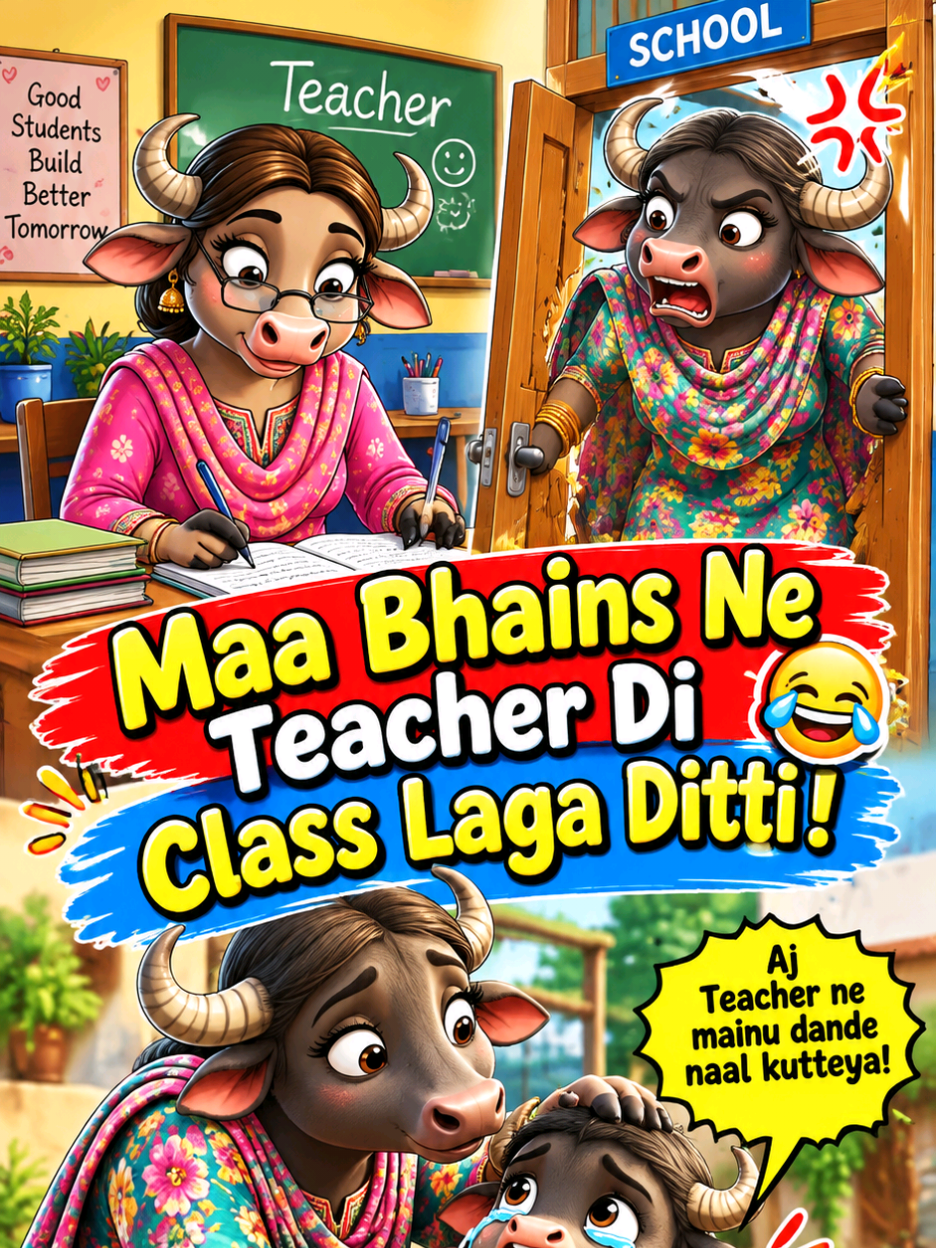 Maa Bhains Ne Teacher Di Class Laga Ditti 😂🐃 | Jadon baby buffalo nu teacher ne dande naal kutteya, maa bhains ne school ja ke teacher di band baja ditti! 😂🐃 Tusi dasso, je teacher tuhade bachay nu maare, tusi ki karoge? 😂 #FYP #DesiComedy #FunnyAnimation #PunjabiFunny #ViralTikTok 