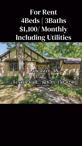 Address: 249 Creekwood Dr, Lancaster, TX 75146   4Beds | 3Baths  $1,100 / Monthly Including Utilities This spacious ranch-style residence offers a peaceful setting with nearly an acre of heavily wooded surroundings, creating a private and secluded atmosphere. The interior features a flowing layout with generous living areas, vaulted ceilings, built-in details, and a charming brick corner fireplace that adds warmth and character. A separate dining area and bright breakfast space provide comfortable options for everyday meals and gatherings, while the kitchen offers abundant cabinetry and plenty of room for storage and future customization. The property also offers a versatile additional living space with its own wet bar and private bathroom, making it suitable for a guest area, recreation room, home office, or quiet retreat. Outside, the heavily treed lot creates a natural backdrop with plenty of room to enjoy the outdoors, while the property backs toward Ten Mile Creek for an added sense of privacy and tranquility. A covered patio and attached garage add practical convenience. 📲Text or Call: +1 (870) 350-4240 For more information and to schedule a tour. #Texas #Lancaster #Affordable #Houseforrent #fyp 
