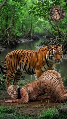 🐅 A tiger encounters a woman in a tiger costume resting beside a jungle river. A monkey and crocodile add an unexpected twist to the playful scene. An AI-created wildlife story. #tiger #ukraine🇺🇦  #crocodile #jungle #wildlife