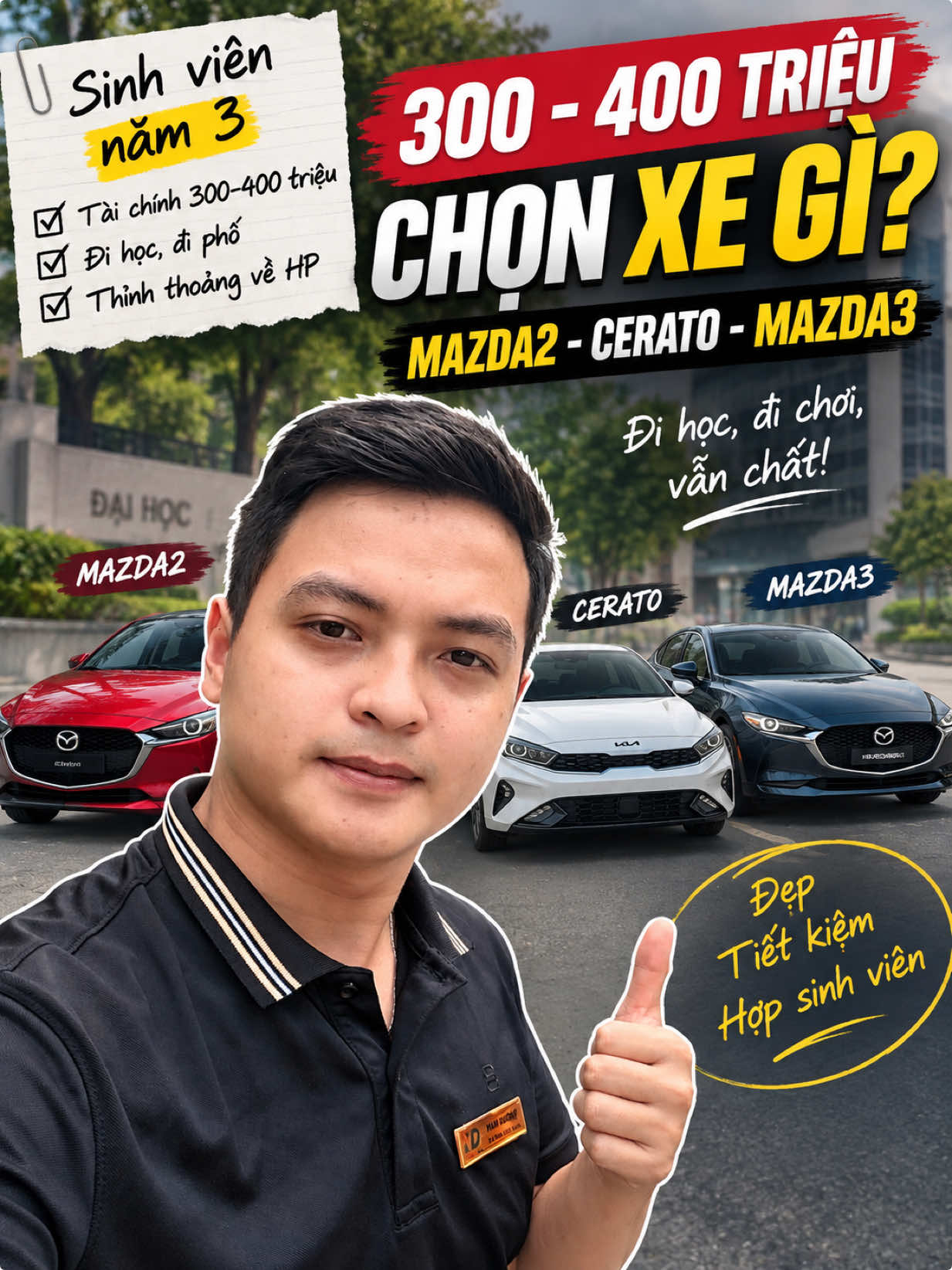 Tư vấn chọn xe ô tô cho sinh viên năm 3 đại học. Chúc em sớm chọn được chiếc xe ưng ý #hiepphamreview #namduongauto #otocu #mazda3 #cerato 