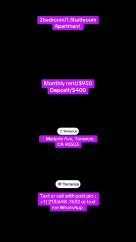 📍2bedroom/1.5bathroom Apartment Available for rent i:-📍Marjorie Ave, Torrance, CA 90503 Affordable and pet-friendly apartment available now! ✔️price:$950 ✔️all utilities included  ✔️Washer/dryer hookups ✔️packing space available also Text or call with post pic-: +1( 213)648-7632 or text me WhatsApp  #california #torranceca #apartmenttour #homesweethome #viral 