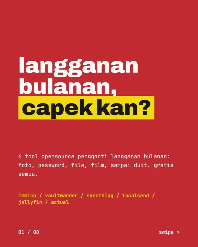 Makin sering ngitung pengeluaran, makin sadar kalau langganan bulanan itu diam-diam numpuk. Yang paling nggak masuk akal: — bayar tiap bulan buat nyimpen foto di server orang lain — bayar password manager padahal butuhnya cuma database kecil — bayar streaming padahal filmnya ada di laptop sendiri 6 repo di slide ini gue temuin buat gantiin langganan itu — semua jalan di server sendiri. Lumayan menarik buat yang suka ngulik open source, self-hosting, dan hemat pengeluaran. 👀 #opensource #selfhosted #homelab #github #privacy 