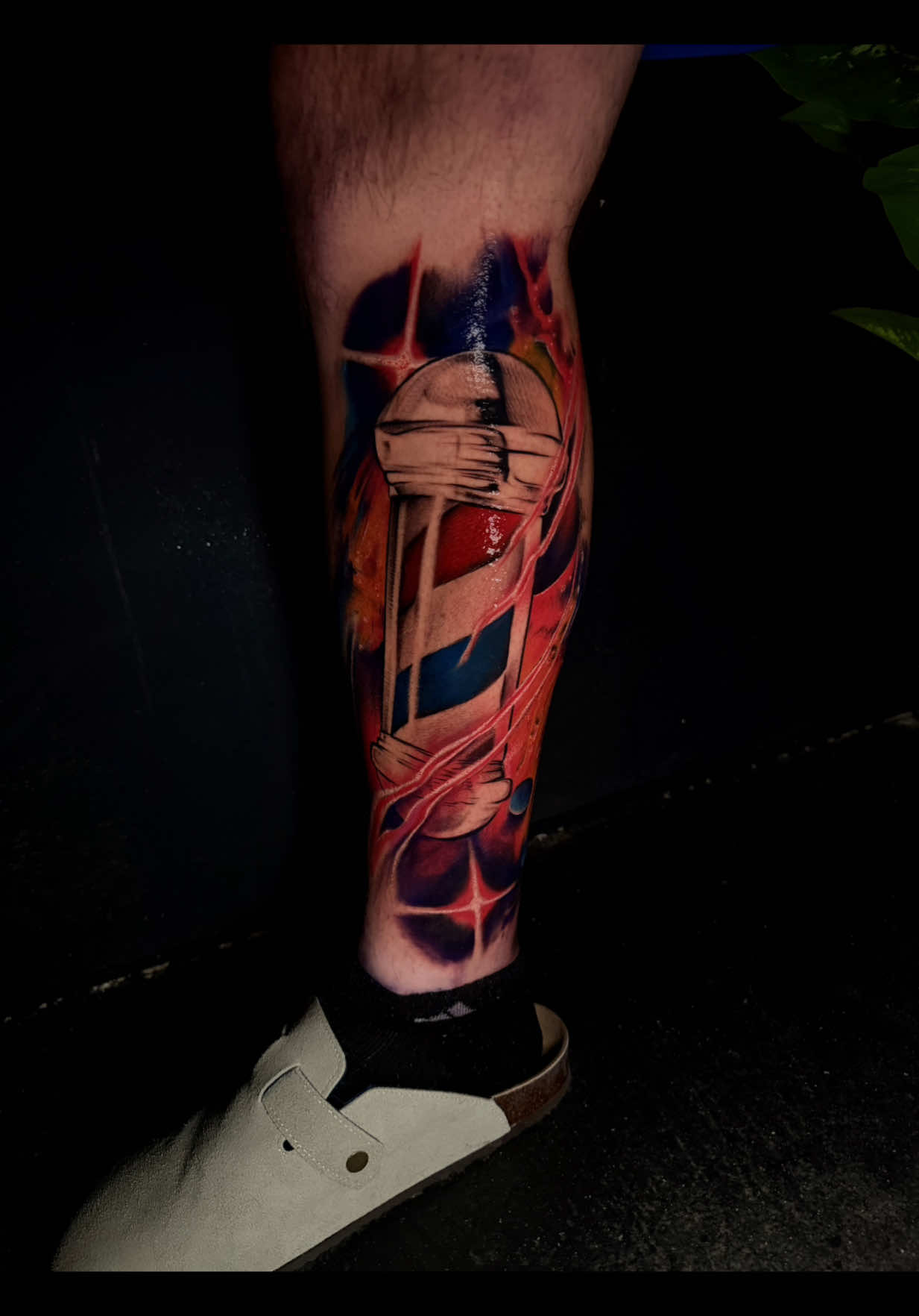 Galaxy/Barber leg sleeve first session for my new client Tyler!  Thanks so much for your trust brother!!🖤 Homie owns Royal Cuts Barbershop in Maysville go check him out! BOOKS OPEN FOR APRIL!!📓 📲DM ME TO BOOK or FILL OUT JOTFORM link in bio⛓️‍💥 #barberpoletattoo #galaxytattoo #colortattoo #realismtattoo #kentuckyartist 