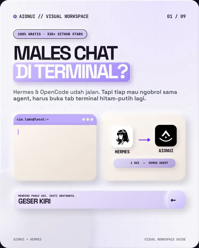 Pecut Hermes, Opencode, Codex, sampai Claude Code cuma di satu dashboard yang sama. Reponya udah dapet 32ribu stars lebih di GitHub dan pastinya 100% GRATIS buat dipakai. #aionui #vibecode #hermes #opencode #aiagent 