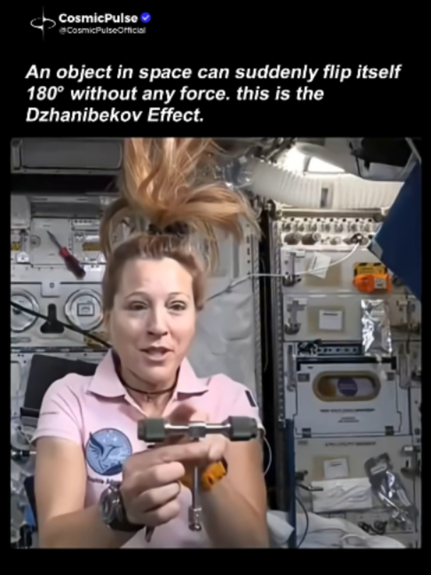 This flipping motion looks like physics breaking but it's a real phenomenon called the Dzhanibekov Effect. When an object rotates around its intermediate axis, its motion becomes unstable and can suddenly flip 180 degrees before continuing. It happens because of how rotational energy distributes through a 3D object. The effect was demonstrated on the International Space Station, where objects move freely without air resistance or gravity interfering. It doesn't mean Earth could suddenly flip... our planet's rotation is stable due to its shape and spin. #dzhanibekoveffect #physics #spacestation #science #fyp