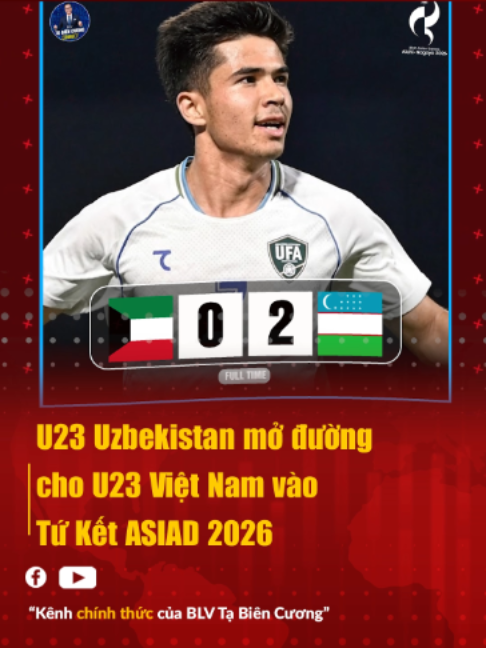 U23 Uzbekistan đánh bại Kuwait 2-0, qua đó mở rộng lợi thế cho U23 Việt Nam trong cuộc đua giành vé vào tứ kết ASIAD 2026. #BLVtabiencuong #thethaomoingay #ASIAD2026 #sportsontiktok #AsianGames2026 #Asiad20 #AsianGames20