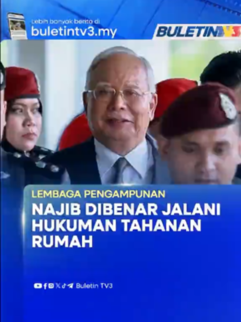 Yang di-Pertuan Agong, Sultan Ibrahim memperkenan pengampunan bersyarat kepada Datuk Seri Najib Razak untuk menjalani baki hukuman secara tahanan di rumah hingga 23 Ogos 2028. #BeritaTV3 #NajibRazak #LembagaPengampunan #TahananRumah
